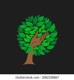 Green Hand logo template. Abstract tree made of human hand with green leaves. Stock vector emblem.
