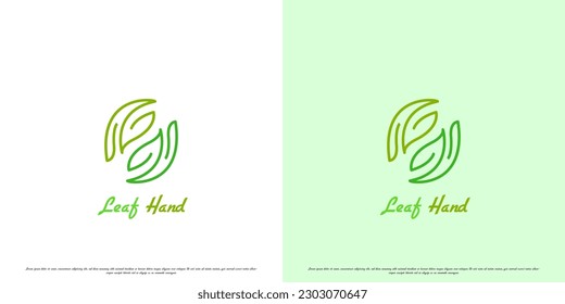 Green hand nature leaf logo design illustration. Silhouette line art hand leaf plant tree human people healthy care charity body sign icon. Suitable for environmentally friendly web app icons.