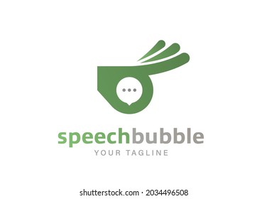 Mano verde con gesto OK formando burbuja de habla para el logotipo y emblema modernos