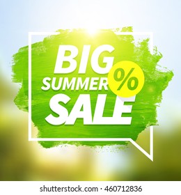 Green hand paint artistic dry brush stroke with business text in speech bubble on blurred background. Watercolor acrylic big summer sale background for print, web design and banners.