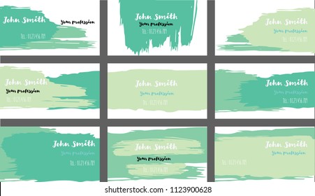 Green Hand Painted Vector Business Cards Template. Artistic Corporate Identity Colorful Design. Brushstroke Smears Business Cards Template Set. Painted Hipster Banners, Ads Background Cool Set.