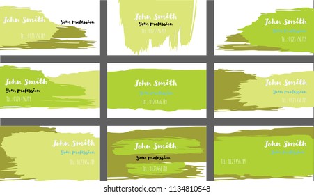 Green Hand Painted Vector Business Cards Template. Vector Corporate Identity Texture Design. Brushstroke Smears Business Cards Template Set. Future Hipster Banner, Ads Horizontal Cool Prints
