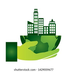 green hand with planet city eco friendly environment vector illustration