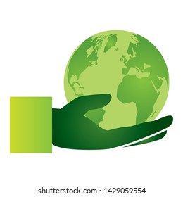 green hand with planet eco friendly environment vector illustration
