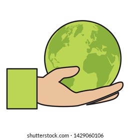 green hand with planet eco friendly environment vector illustration