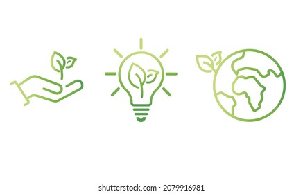 Green hand, planet and light bulb with two leaves.