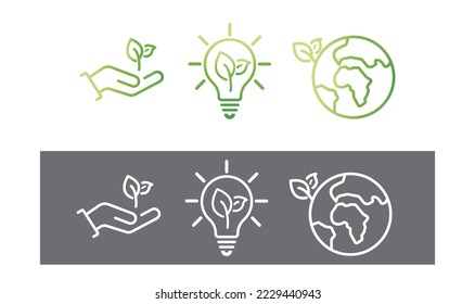 Green hand, planet and light bulb with two leaves.