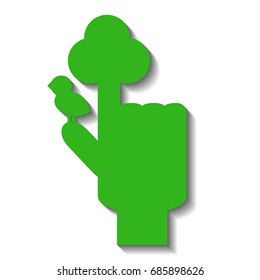 Green hand with pointed finger with symbolic tree and bird. Tree symbol by hand. Tree and bird logo. Green hand for environment or ecological problem. Tree hand icon. Sustainable development sign