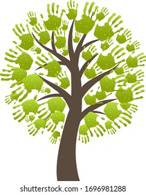 Árbol de impresión de mano verde aislado fondo blanco, ilustración vectorial
