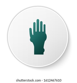 Green Hand with psoriasis or eczema icon isolated on white background. Concept of human skin response to allergen or chronic body problem. White circle button. Vector Illustration