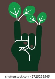 Mano verde en gesto de rock and roll con hojas que crecen de los dedos que simbolizan el ambientalismo y la fuerza de la naturaleza