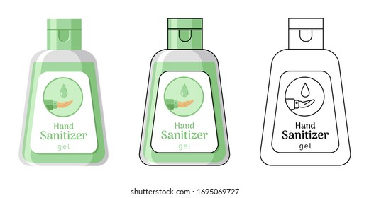 Green hand sanitizer gel flat vector illustration. Set of three illustrations in different styles.