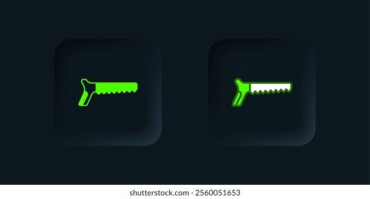 Green Hand saw icon isolated on black background. Black square button. Vector