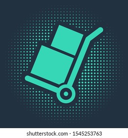Green Hand truck and boxes icon isolated on blue background. Dolly symbol. Abstract circle random dots. Vector Illustration
