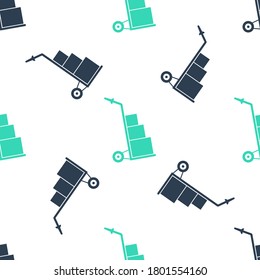 Green Hand truck and boxes icon isolated seamless pattern on white background. Dolly symbol. Vector.
