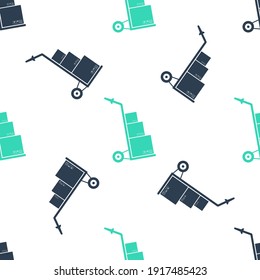 Green Hand truck and boxes icon isolated seamless pattern on white background. Dolly symbol. Vector.