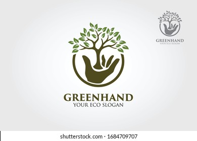 Green Hand Vector Logo Template. This logo that combine hand with green leaf that means healthy life, good for health company, green activist, charity organization, social community activities, etc.