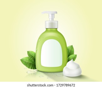 Green hand wash dispenser bottle, decorated with creamy foam and herbal leaves, isolated on light green background, 3d illustration