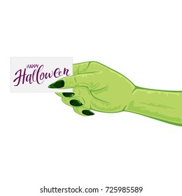 Green hand of witch isolated on white background and card with text Happy Halloween, illustration.