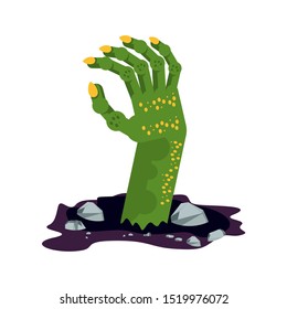 Green hand of a zombie sticks out of the ground in a cemetery. The living dead. Halloween character. Flat vector cartoon person on white background.