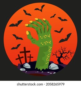 Green hand of a zombie sticks out of the ground in a cemetery. The living dead. Halloween party poster. Flat vector cartoon illustration.