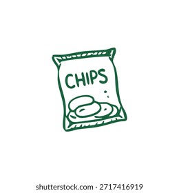 Um saco verde desenhado à mão de chips com chips visíveis, contra um fundo branco