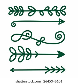 Divisores desenhados à mão verdes com setas folhosas, redemoinhos e floreios. Design divertido e orgânico, ideal para planejadores, temas botânicos, cartões de casamento e projetos ecológicos.
