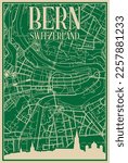 Green hand-drawn framed poster of the downtown BERN, SWITZERLAND with highlighted vintage city skyline and lettering