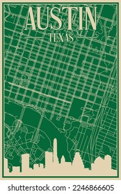 Green hand-drawn framed poster of the downtown AUSTIN, TEXAS with highlighted vintage city skyline and lettering