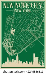 Green hand-drawn framed poster of the downtown NEW YORK CITY, NEW YORK with highlighted vintage city skyline and lettering