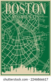 Green hand-drawn framed poster of the downtown BOSTON, MASSACHUSETTS with highlighted vintage city skyline and lettering