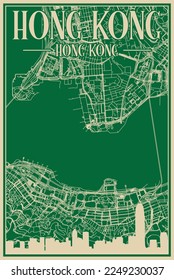 Green hand-drawn framed poster of the downtown HONG KONG, CHINA with highlighted vintage city skyline and lettering