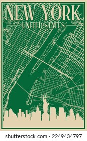 Green hand-drawn framed poster of the downtown NEW YORK, UNITED STATES OF AMERICA with highlighted vintage city skyline and lettering