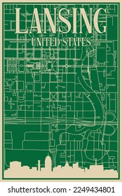 Green hand-drawn framed poster of the downtown LANSING, UNITED STATES OF AMERICA with highlighted vintage city skyline and lettering