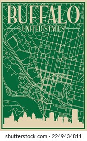 Green hand-drawn framed poster of the downtown BUFFALO, UNITED STATES OF AMERICA with highlighted vintage city skyline and lettering