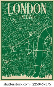 Green hand-drawn framed poster of the downtown LONDON, ENGLAND with highlighted vintage city skyline and lettering