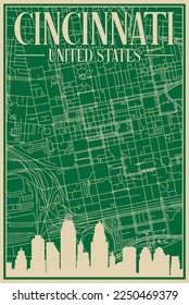 Green hand-drawn framed poster of the downtown CINCINNATI, UNITED STATES OF AMERICA with highlighted vintage city skyline and lettering