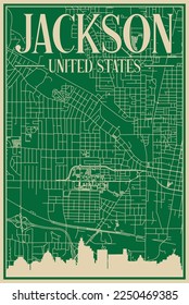 Green hand-drawn framed poster of the downtown JACKSON, UNITED STATES OF AMERICA with highlighted vintage city skyline and lettering