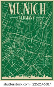 Afiche enmarcado de color verde del centro de MÚNICH , ALEMANIA, con realce del perfil de la ciudad vintage y letras