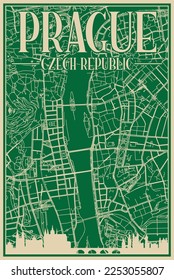 Green hand-drawn framed poster of the downtown PRAGUE, CZECH REPUBLIC with highlighted vintage city skyline and lettering