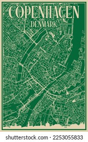 Green hand-drawn framed poster of the downtown COPENHAGEN, DENMARK with highlighted vintage city skyline and lettering