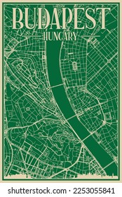 Afiche enmarcado dibujado a mano en verde del centro de BUDAPEST, HUNGRÍA, con realzado perfil de la ciudad vintage y letras