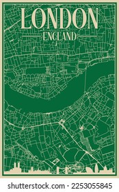 Grünes, handgezeichnetes Plakat aus der Innenstadt LONDON, ENGLAND mit hervorgehobener Skyline und Schrift