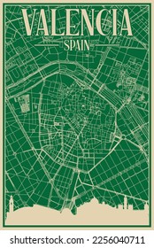 Green hand-drawn framed poster of the downtown VALENCIA, SPAIN with highlighted vintage city skyline and lettering