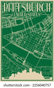 Green hand-drawn framed poster of the downtown PITTSBURGH, UNITED STATES OF AMERICA with highlighted vintage city skyline and lettering