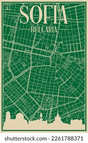 Green hand-drawn framed poster of the downtown SOFIA, BULGARIA with highlighted vintage city skyline and lettering