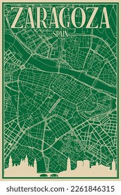 Green hand-drawn framed poster of the downtown ZARAGOZA, SPAIN with highlighted vintage city skyline and lettering