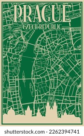 Afiche enmarcado dibujado a mano en verde del centro de PRAGA, REPÚBLICA CHECA con un destacado perfil de la ciudad vintage y letras