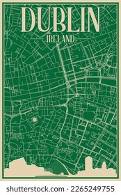 Green hand-drawn framed poster of the downtown DUBLIN, IRELAND with highlighted vintage city skyline and lettering