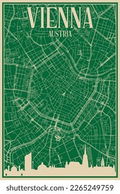 Green hand-drawn framed poster of the downtown VIENNA, AUSTRIA with highlighted vintage city skyline and lettering